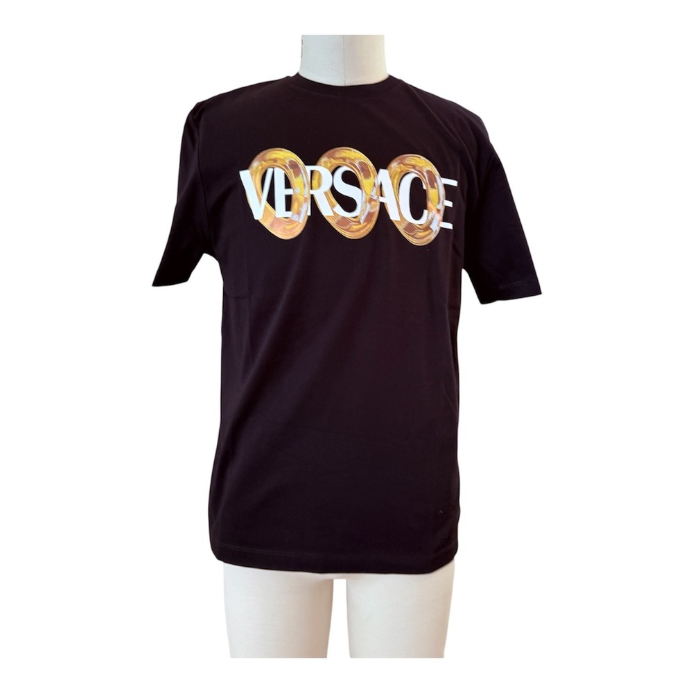 Versace 1013302 Maxi Chain Black Cotton Men's logo-print T-shirt, Size Small